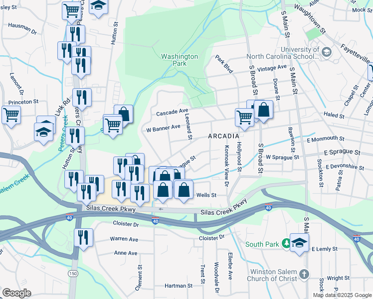map of restaurants, bars, coffee shops, grocery stores, and more near 610 Salisbury Ridge Road in Winston-Salem