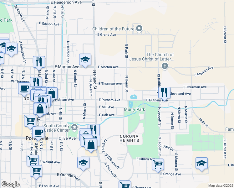 map of restaurants, bars, coffee shops, grocery stores, and more near 254 North Larson Street in Porterville