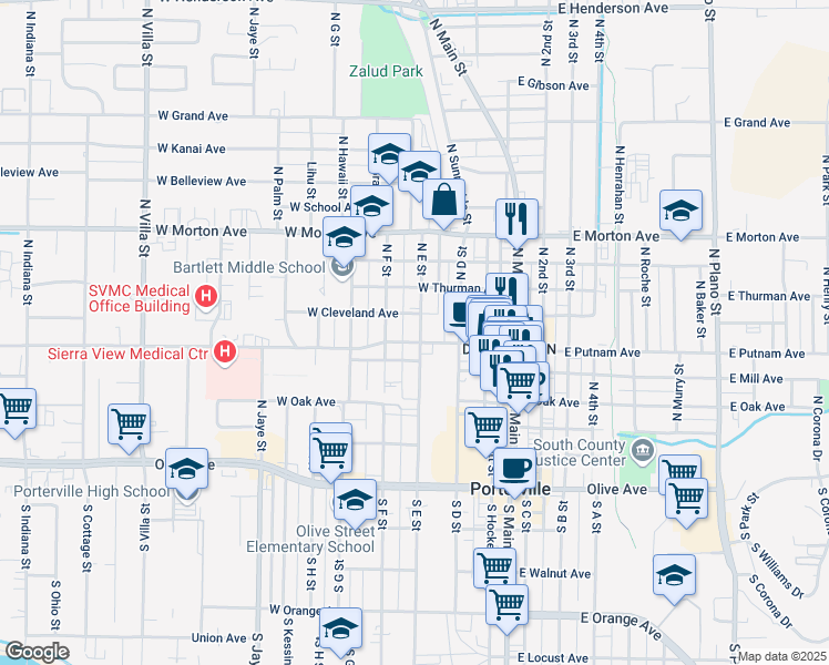 map of restaurants, bars, coffee shops, grocery stores, and more near 233 North E Street in Porterville