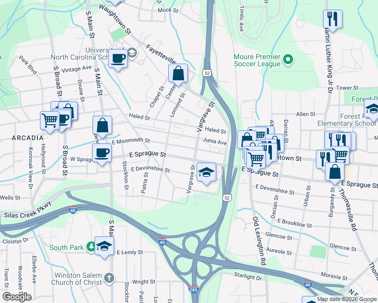 map of restaurants, bars, coffee shops, grocery stores, and more near 347 East Monmouth Street in Winston-Salem