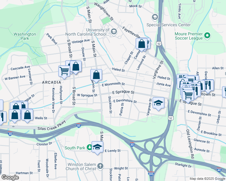 map of restaurants, bars, coffee shops, grocery stores, and more near 113 East Sprague Street in Winston-Salem