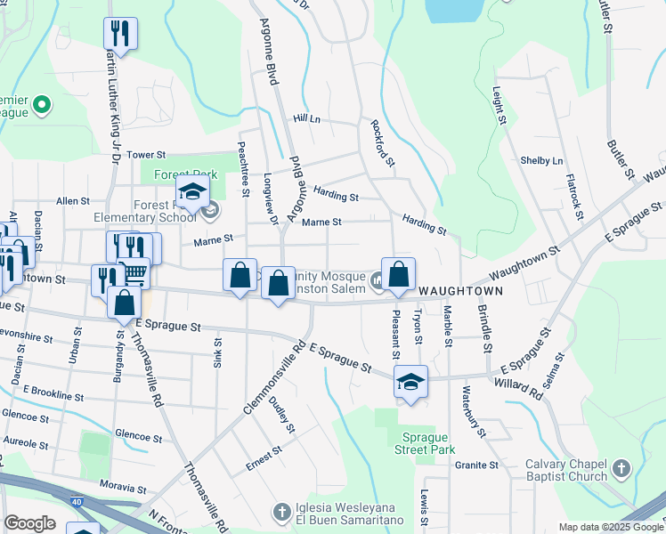 map of restaurants, bars, coffee shops, grocery stores, and more near 1401 Bretton Street in Winston-Salem