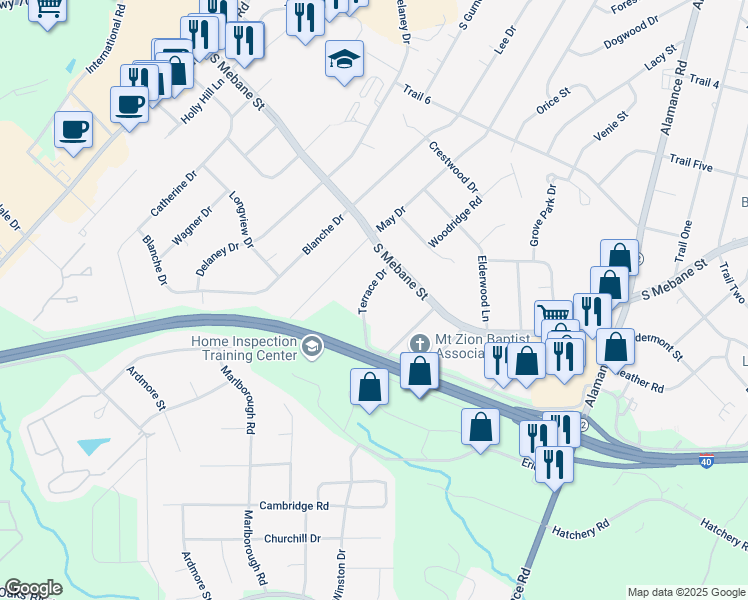 map of restaurants, bars, coffee shops, grocery stores, and more near 2720 Terrace Drive in Burlington