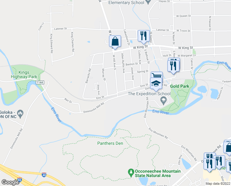 map of restaurants, bars, coffee shops, grocery stores, and more near 1001 Eno Street in Hillsborough