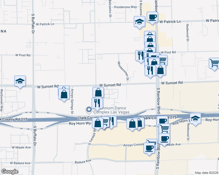 map of restaurants, bars, coffee shops, grocery stores, and more near 7255 West Sunset Road in Las Vegas