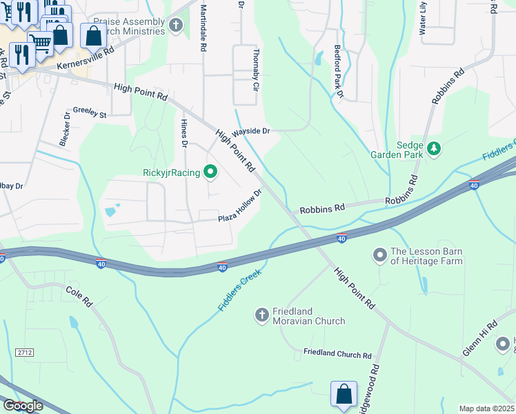 map of restaurants, bars, coffee shops, grocery stores, and more near 3596 High Point Road in Winston-Salem
