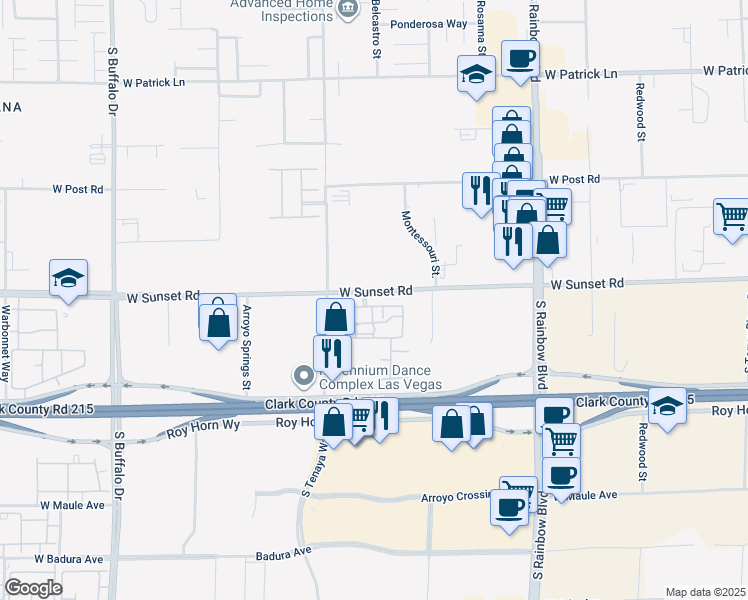 map of restaurants, bars, coffee shops, grocery stores, and more near 7255 West Sunset Road in Las Vegas