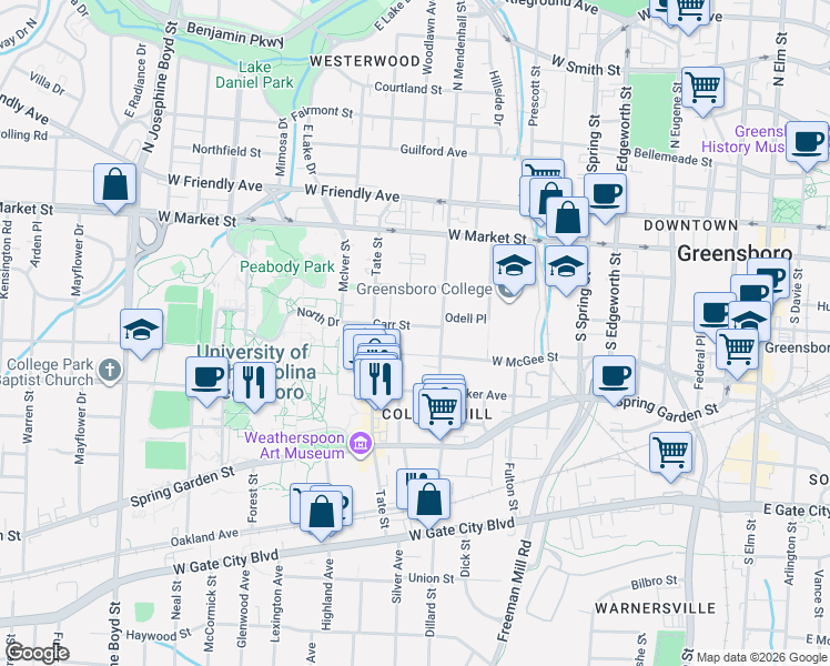 map of restaurants, bars, coffee shops, grocery stores, and more near 930 Carr Street in Greensboro