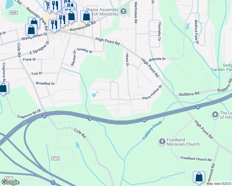 map of restaurants, bars, coffee shops, grocery stores, and more near 3260 Ridgeback Drive in Winston-Salem