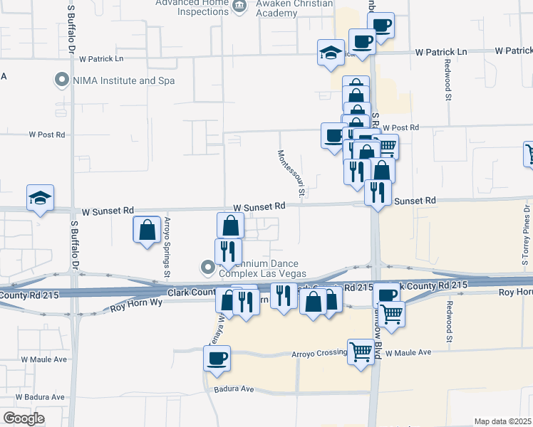 map of restaurants, bars, coffee shops, grocery stores, and more near 7255 West Sunset Road in Las Vegas