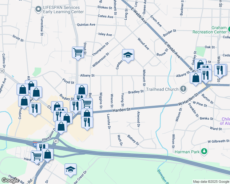 map of restaurants, bars, coffee shops, grocery stores, and more near 2127 Young Street in Burlington