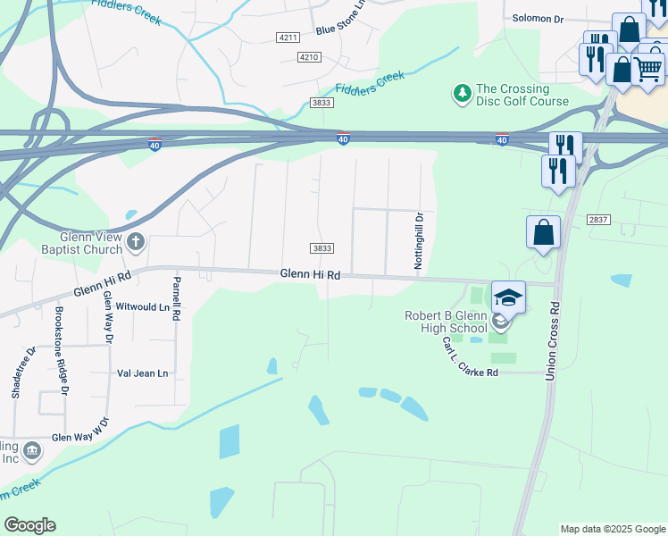 map of restaurants, bars, coffee shops, grocery stores, and more near 4419 Glenn Hi Road in Winston-Salem