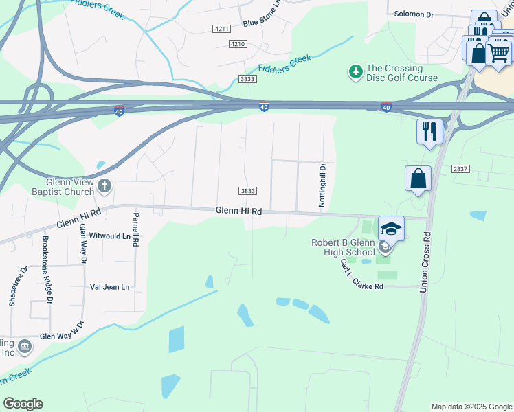 map of restaurants, bars, coffee shops, grocery stores, and more near 4419 Glenn Hi Road in Winston-Salem