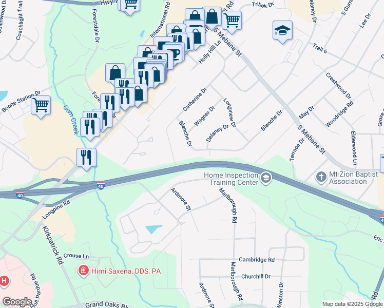 map of restaurants, bars, coffee shops, grocery stores, and more near 2918 Blanche Drive in Burlington