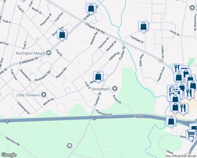 map of restaurants, bars, coffee shops, grocery stores, and more near 2203 Moran Street in Burlington