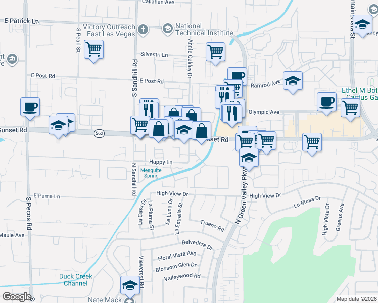 map of restaurants, bars, coffee shops, grocery stores, and more near 3995 East Sunset Road in Las Vegas
