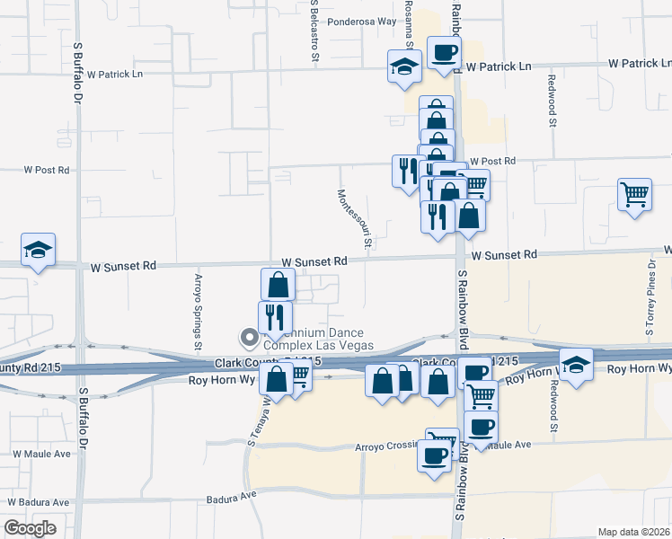 map of restaurants, bars, coffee shops, grocery stores, and more near 7255 West Sunset Road in Las Vegas