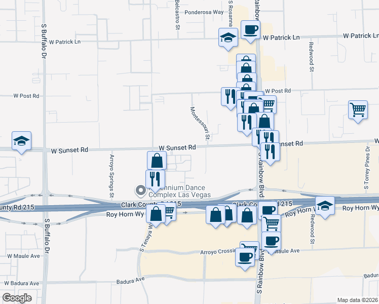 map of restaurants, bars, coffee shops, grocery stores, and more near 7101 West Sunset Road in Las Vegas