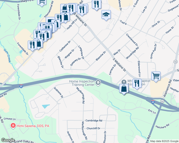 map of restaurants, bars, coffee shops, grocery stores, and more near 2804 Blanche Drive in Burlington