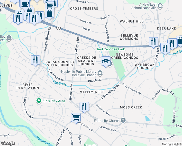 map of restaurants, bars, coffee shops, grocery stores, and more near 7222 Sheffield Square in Nashville