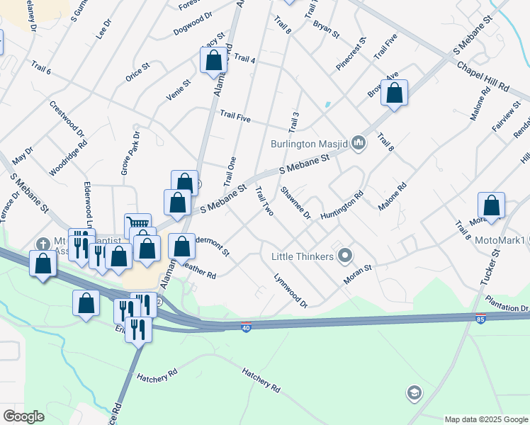 map of restaurants, bars, coffee shops, grocery stores, and more near 600 Trail 3 in Burlington
