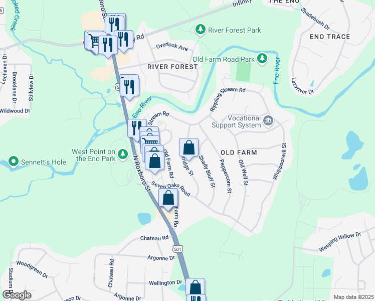 map of restaurants, bars, coffee shops, grocery stores, and more near 5315 Shady Bluff Street in Durham