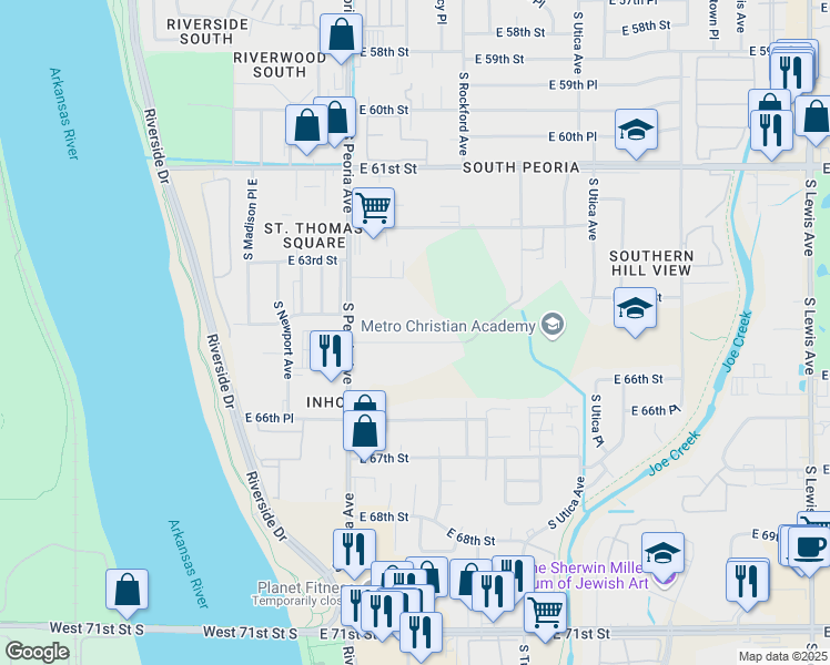 map of restaurants, bars, coffee shops, grocery stores, and more near 1359 East 64th Street in Tulsa