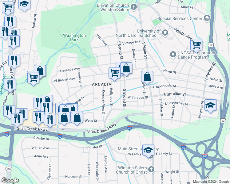 map of restaurants, bars, coffee shops, grocery stores, and more near 2123 Hollyrood Street in Winston-Salem
