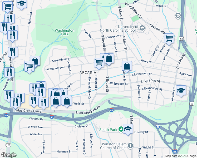 map of restaurants, bars, coffee shops, grocery stores, and more near 2123 Hollyrood Street in Winston-Salem