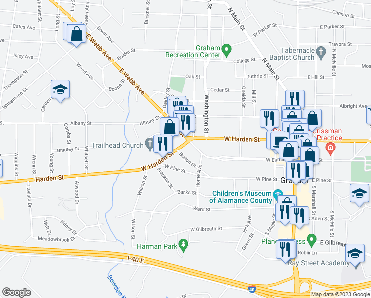 map of restaurants, bars, coffee shops, grocery stores, and more near 508 West Harden Street in Graham