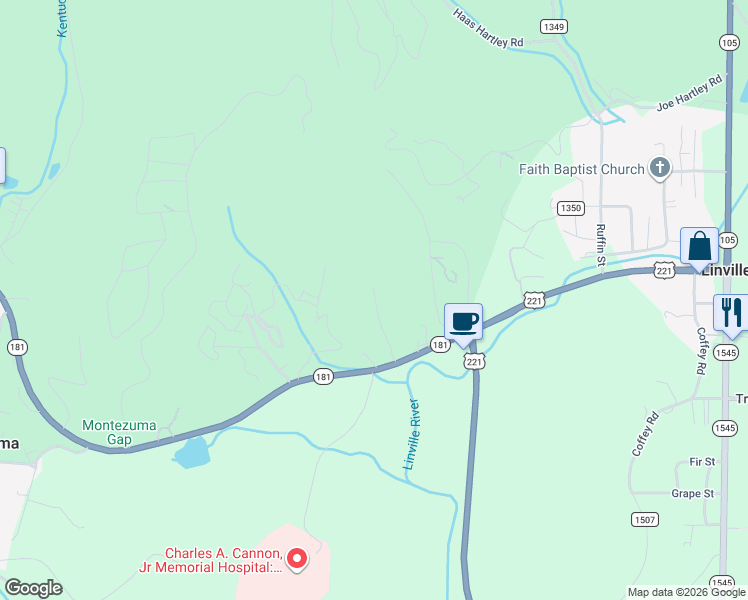 map of restaurants, bars, coffee shops, grocery stores, and more near 284 Henley Lane in Linville