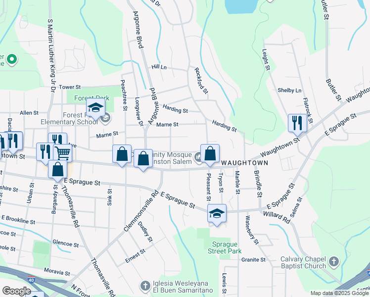 map of restaurants, bars, coffee shops, grocery stores, and more near 1432 Verdun Street in Winston-Salem