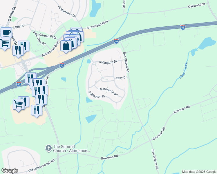 map of restaurants, bars, coffee shops, grocery stores, and more near 207 Haywards Lane in Mebane