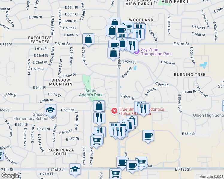 map of restaurants, bars, coffee shops, grocery stores, and more near 6504 South Memorial Drive in Tulsa