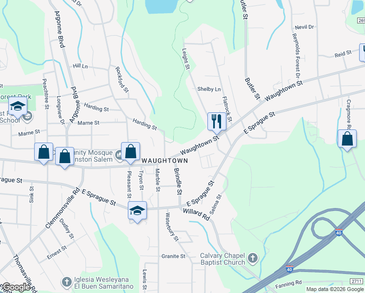 map of restaurants, bars, coffee shops, grocery stores, and more near 1723 Waughtown Street in Winston-Salem