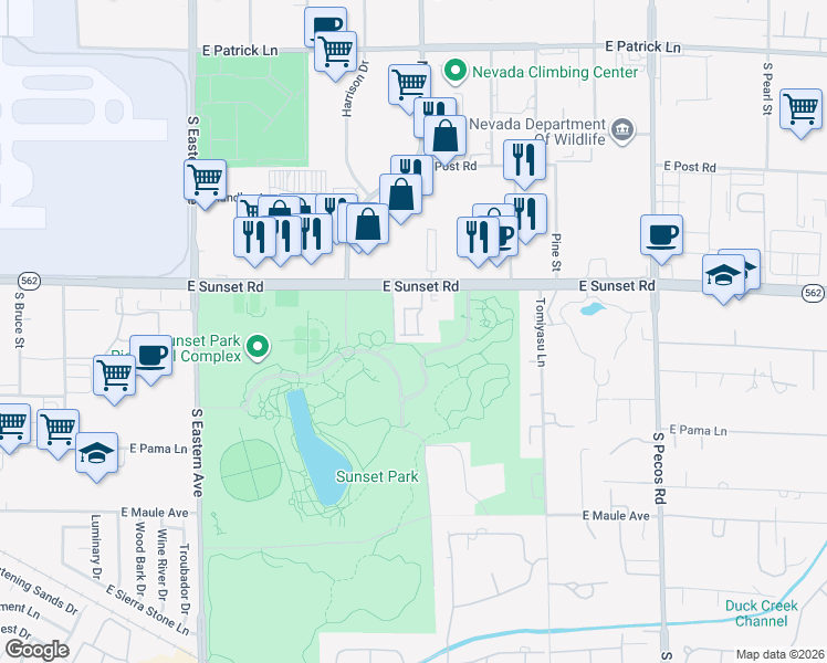 map of restaurants, bars, coffee shops, grocery stores, and more near 3015 East Sunset Road in Las Vegas