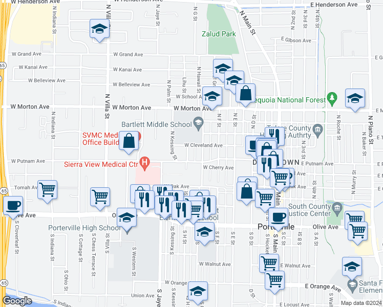 map of restaurants, bars, coffee shops, grocery stores, and more near 285 West Cleveland Avenue in Porterville