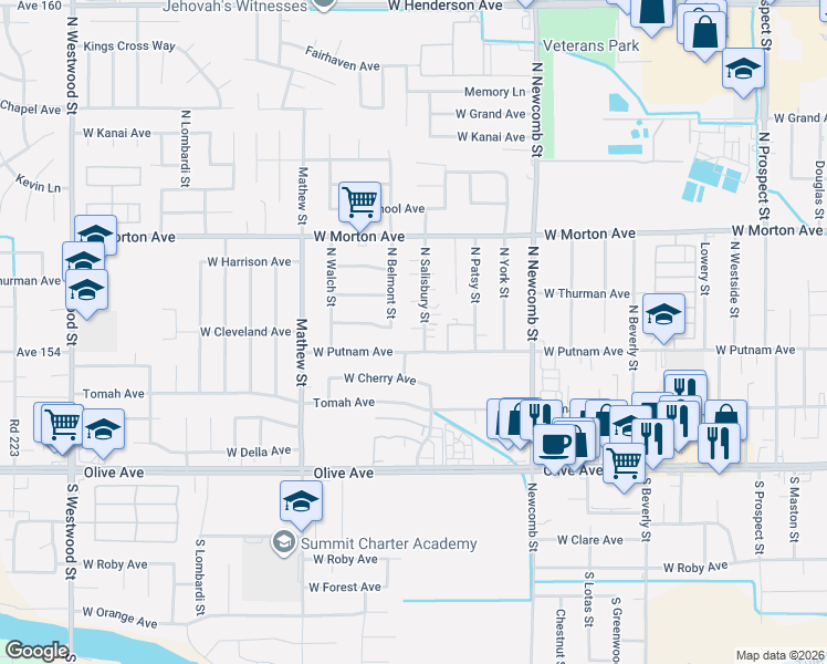 map of restaurants, bars, coffee shops, grocery stores, and more near 259 North Salisbury Street in Porterville