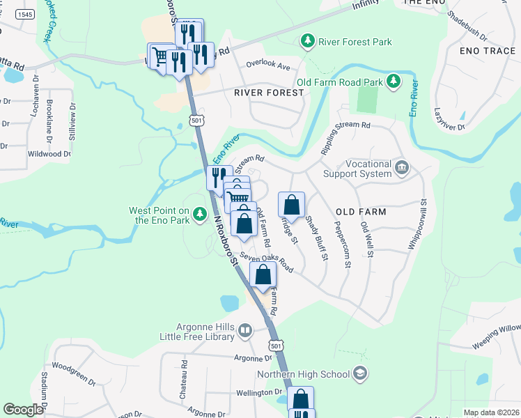map of restaurants, bars, coffee shops, grocery stores, and more near 15 Old Farm Road in Durham