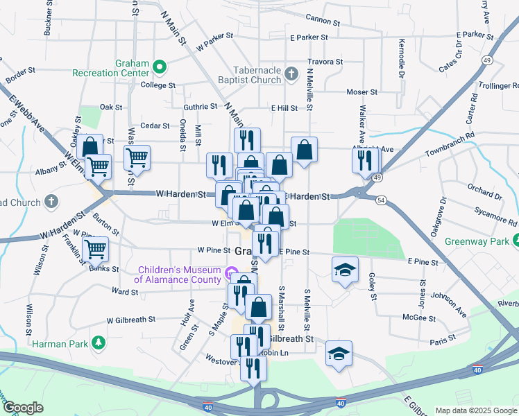 map of restaurants, bars, coffee shops, grocery stores, and more near 3 Northeast Court Square in Graham