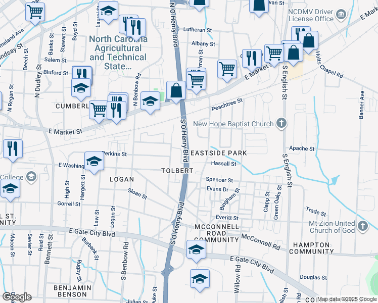 map of restaurants, bars, coffee shops, grocery stores, and more near 413 South O Henry Boulevard in Greensboro