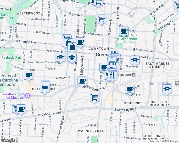 map of restaurants, bars, coffee shops, grocery stores, and more near 416 West Washington Street in Greensboro