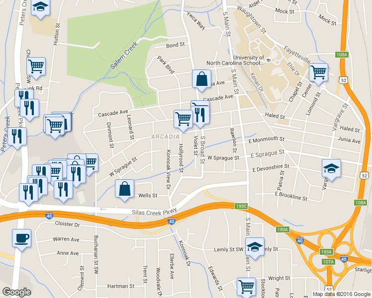 map of restaurants, bars, coffee shops, grocery stores, and more near 2119 Hollyrood Street in Winston-Salem