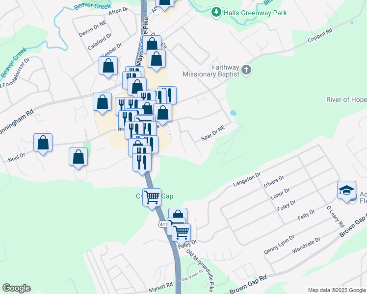 map of restaurants, bars, coffee shops, grocery stores, and more near 6809 Adrian Road in Knoxville