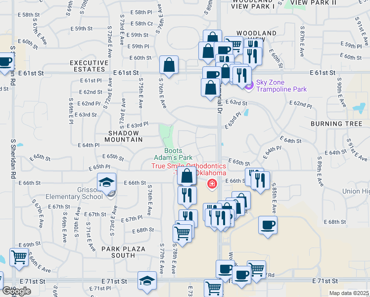 map of restaurants, bars, coffee shops, grocery stores, and more near 6360 South 80th East Avenue in Tulsa