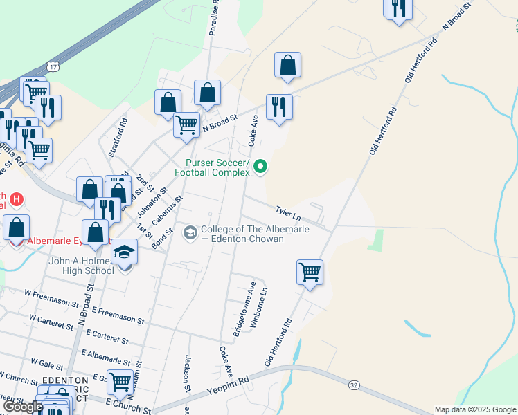 map of restaurants, bars, coffee shops, grocery stores, and more near 110 Tyler Lane in Edenton