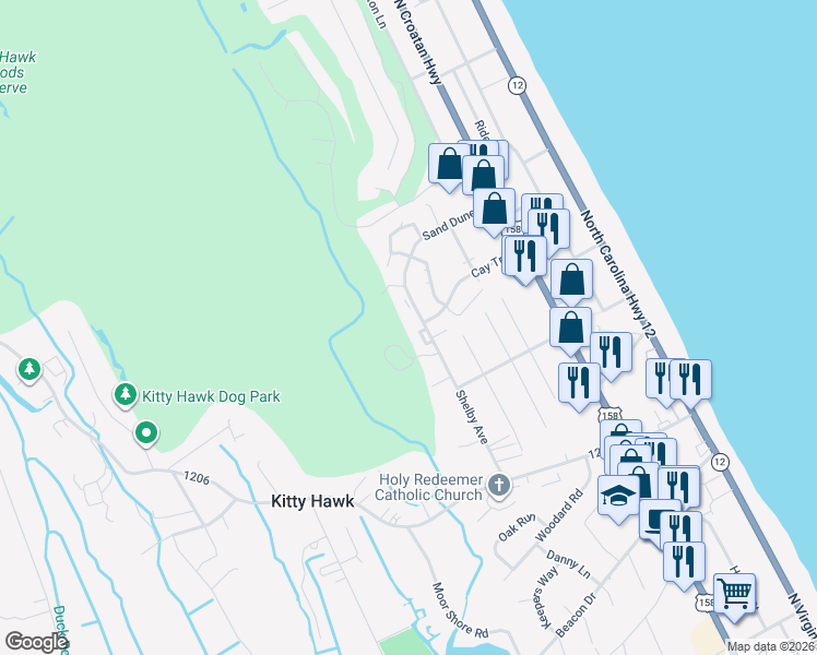 map of restaurants, bars, coffee shops, grocery stores, and more near 3101 Coral Reef Court in Kitty Hawk