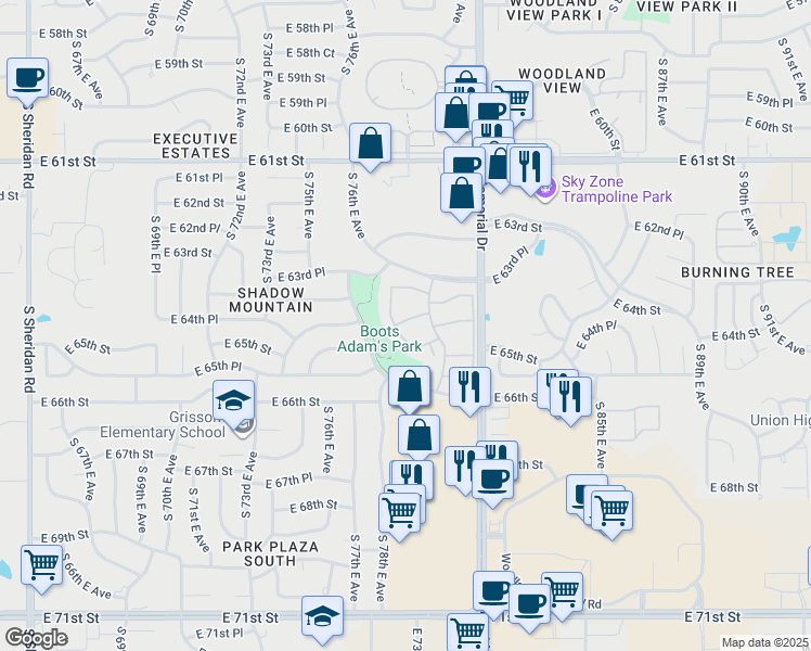 map of restaurants, bars, coffee shops, grocery stores, and more near 6360 South 80th East Avenue in Tulsa