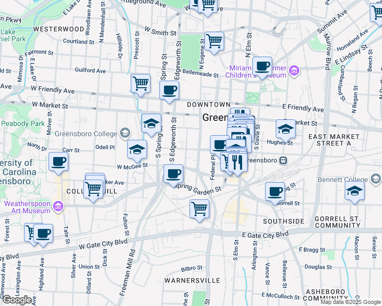 map of restaurants, bars, coffee shops, grocery stores, and more near 411 West Washington Street in Greensboro
