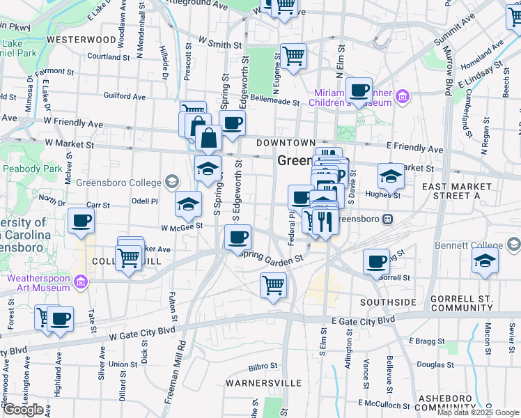 map of restaurants, bars, coffee shops, grocery stores, and more near 411 West Washington Street in Greensboro